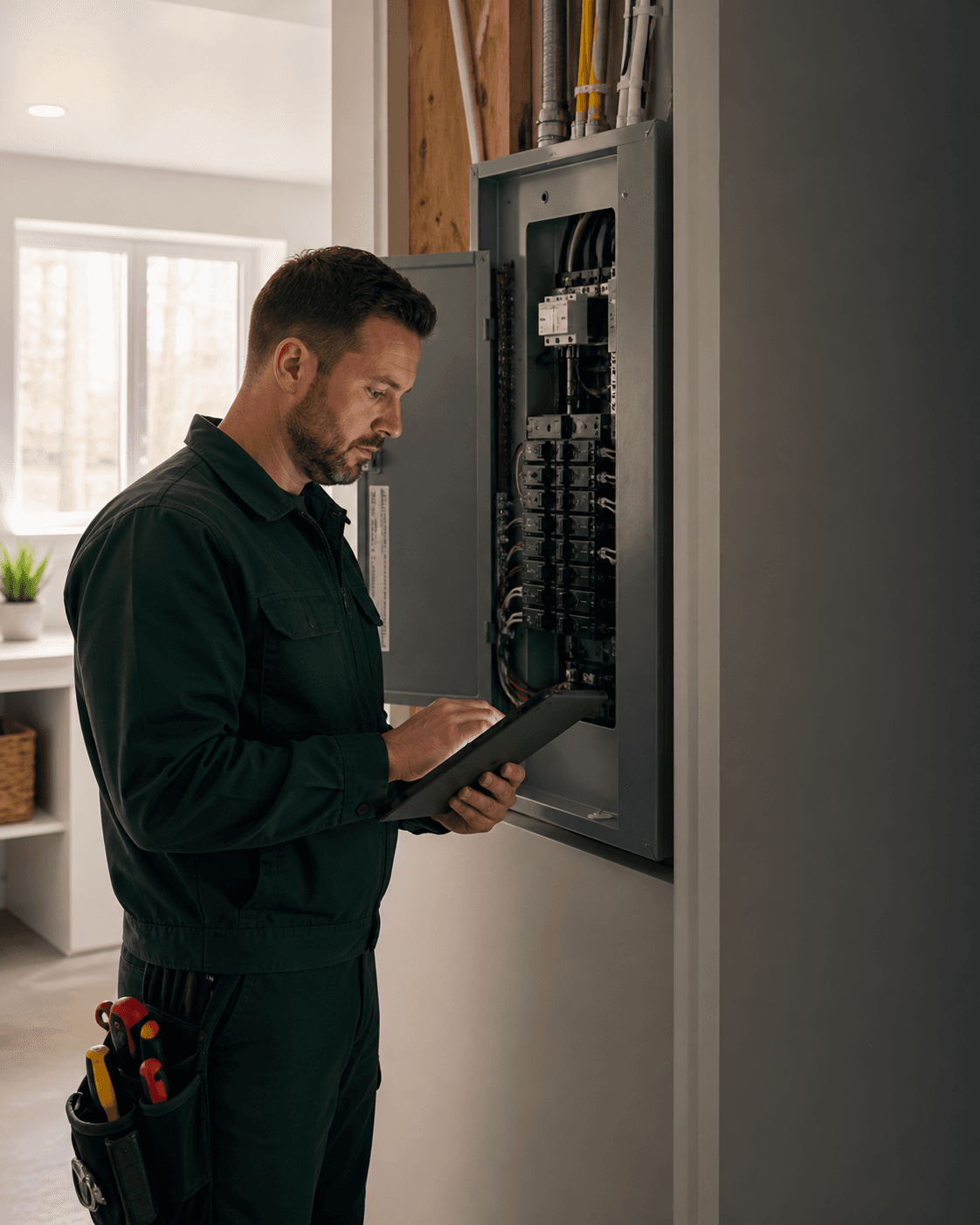 Électricien résidentiel inspectant un panneau électrique avec une tablette dans une maison