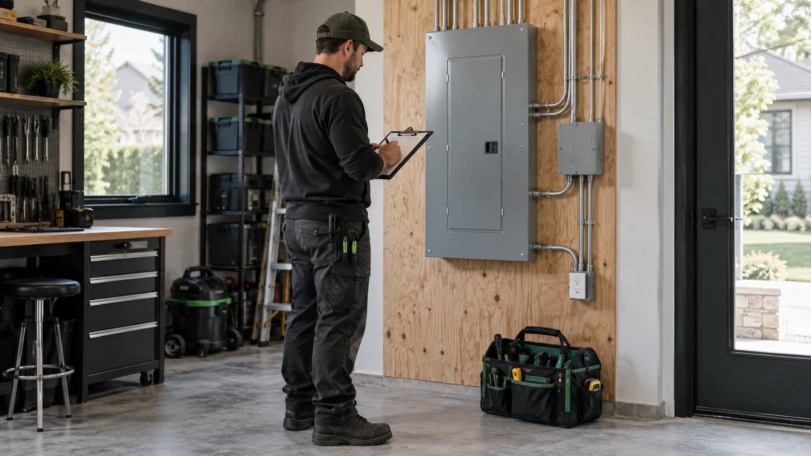 Électricien consultant un document devant un panneau électrique fermé.