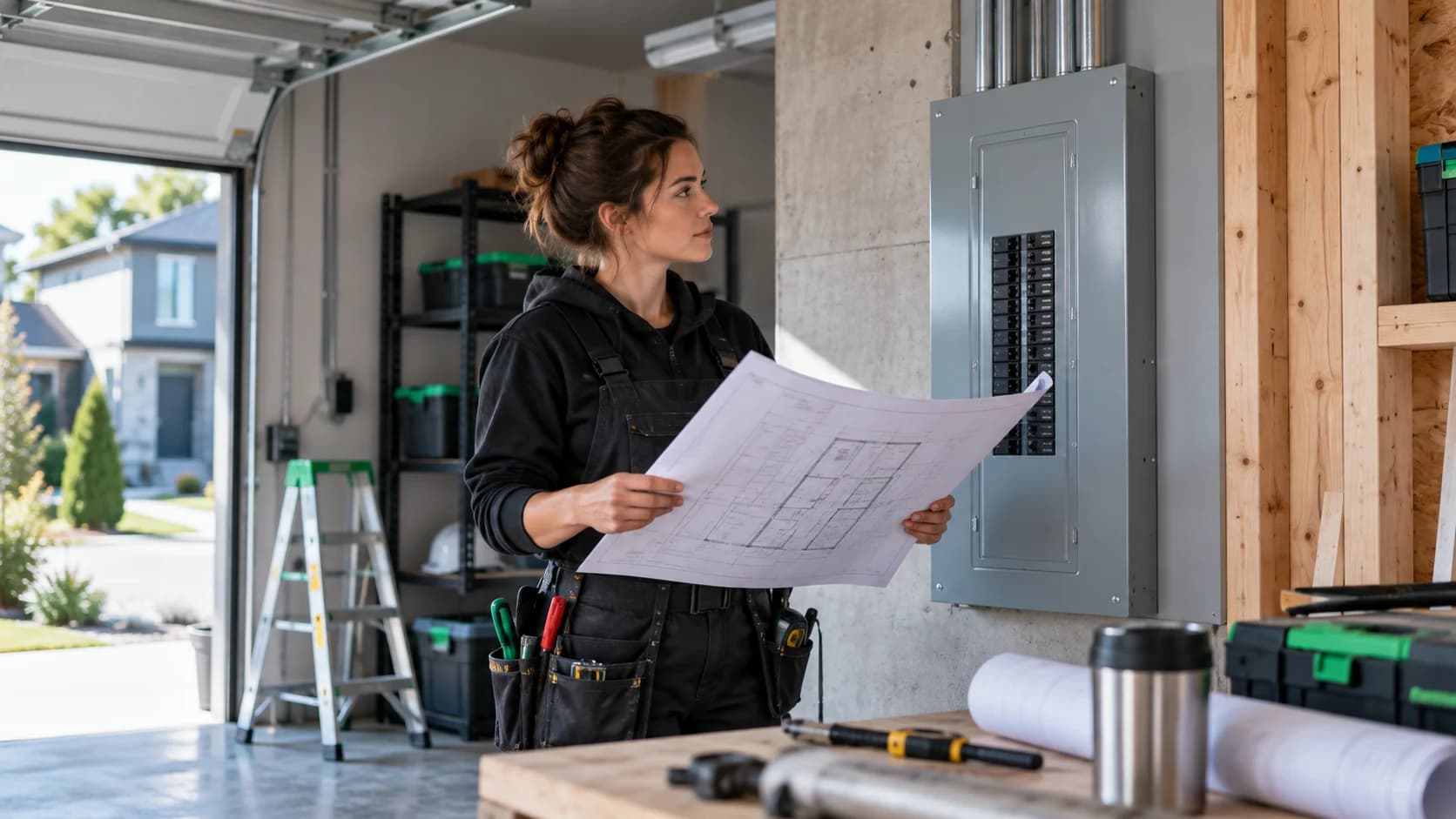 Électricienne tenant des plans près d’un panneau fermé dans un garage.