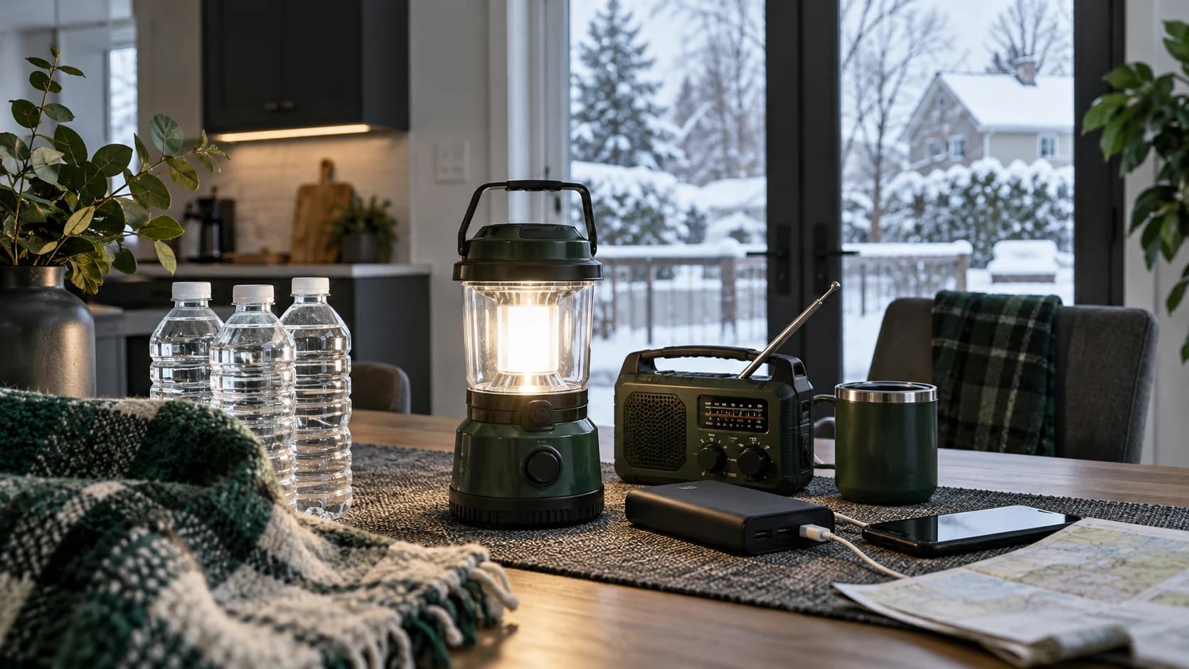 Lanterne, radio, eau et batterie de secours sur une table.