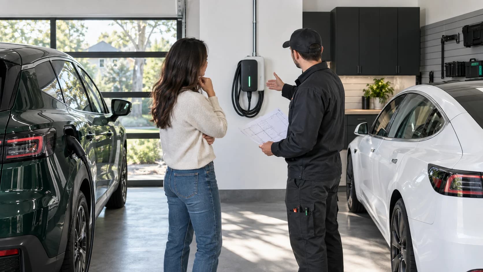Discussion sur une borne de recharge entre deux véhicules dans un garage.