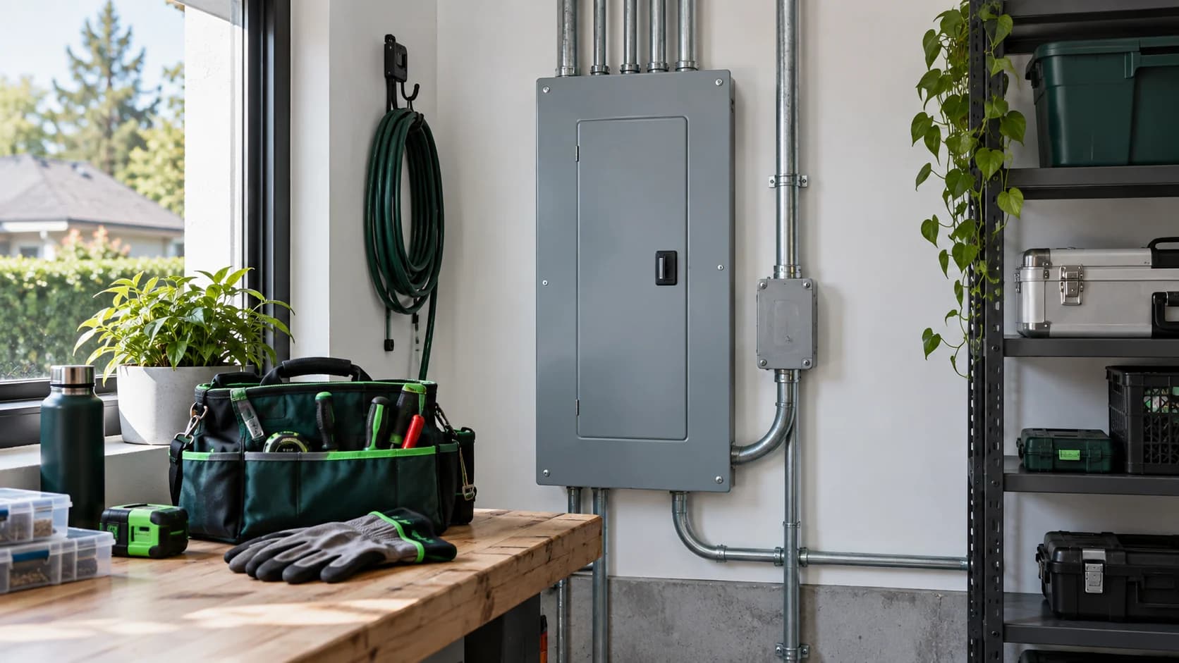 Panneau fermé, conduits et sac à outils dans un atelier résidentiel.