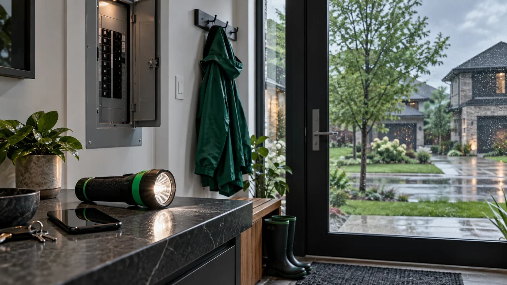 Téléphone, lampe de poche et manteau de pluie dans une entrée de maison.