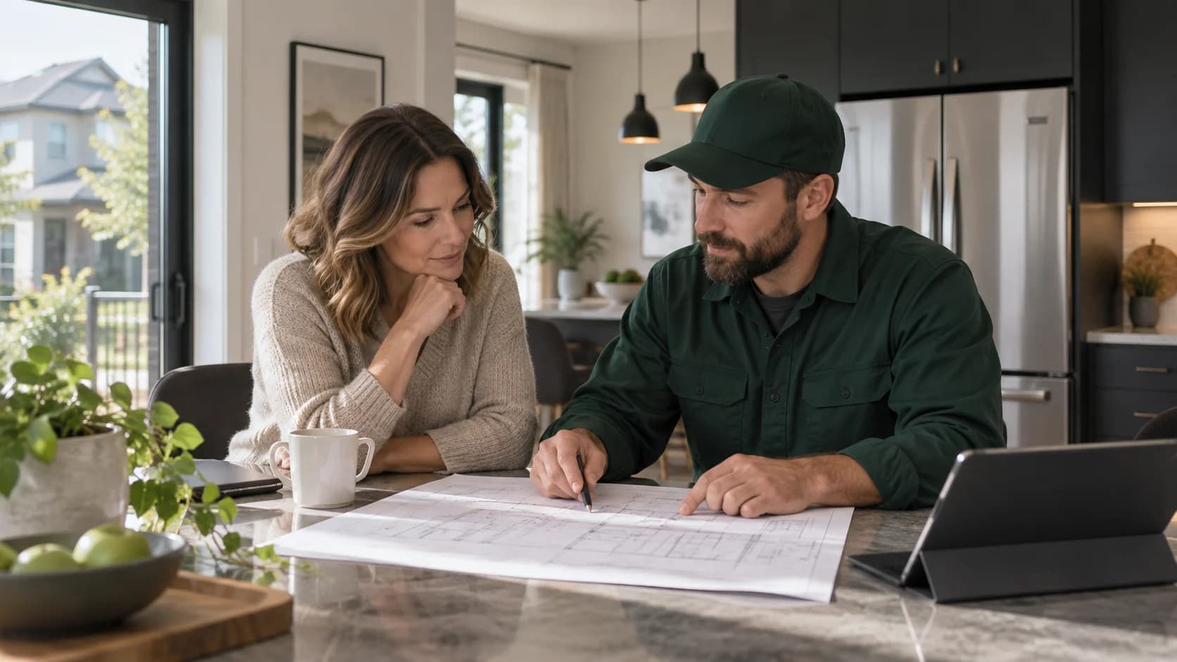 Électricien et propriétaire consultant des plans à une table de cuisine.