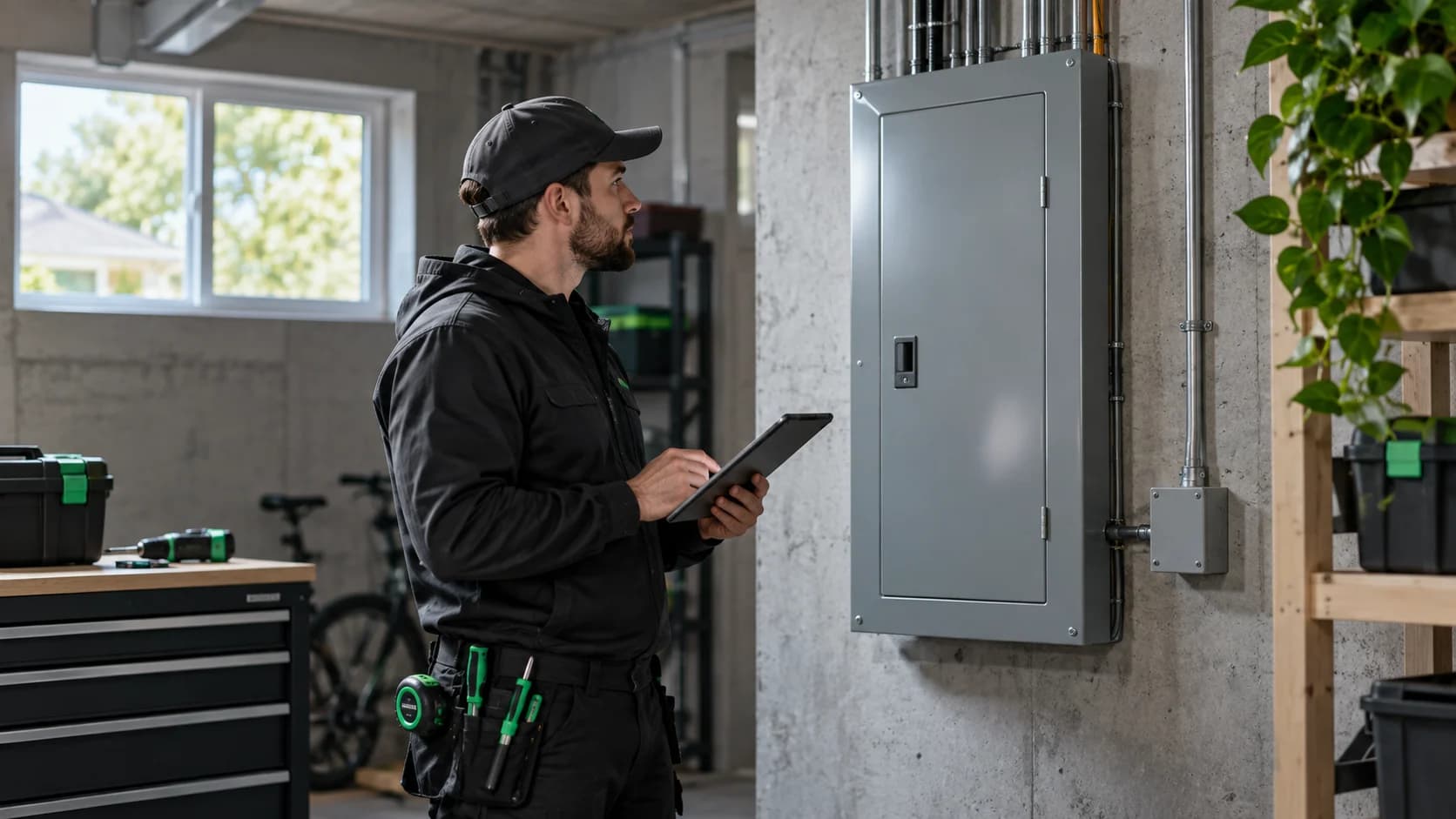 Électricien consultant une tablette près d’un panneau électrique fermé.