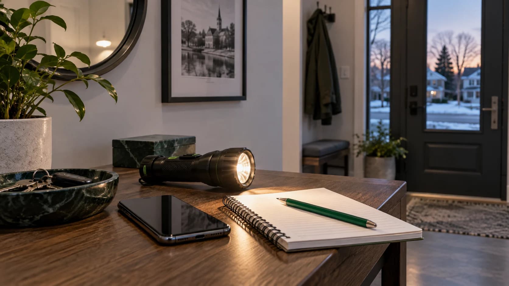 Téléphone, lampe de poche et carnet prêts sur une table d’entrée.