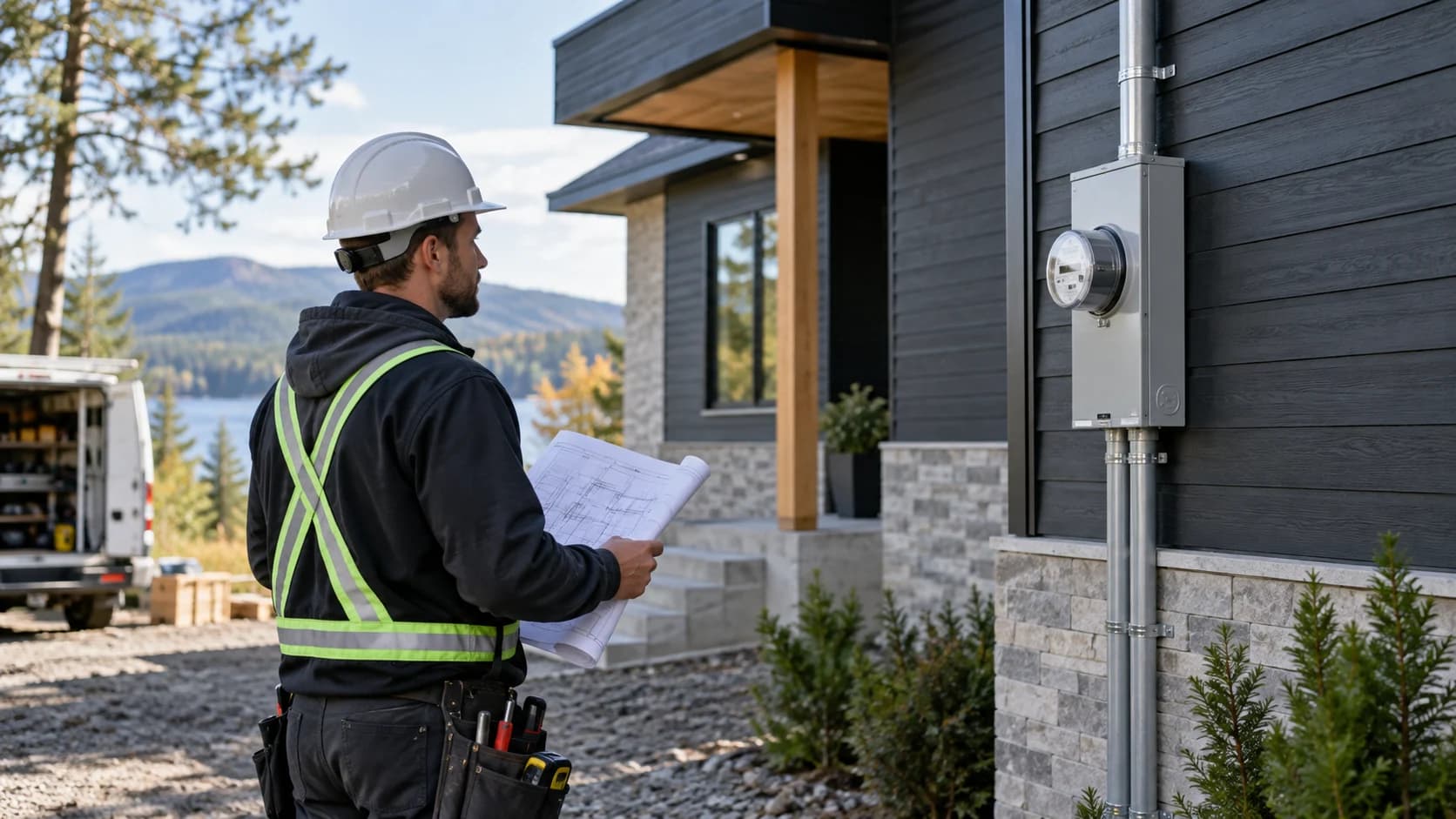 Électricien tenant des plans devant une maison neuve et son coffret extérieur.