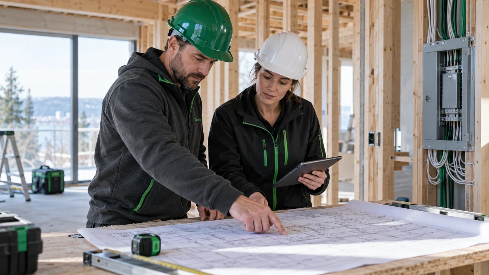 Deux professionnels casqués consultant des plans sur un chantier de reconstruction.