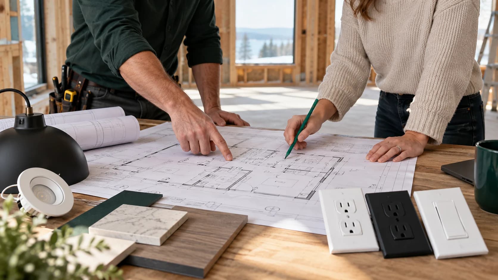 Plans de maison, échantillons et prises débranchées sur une table de travail.