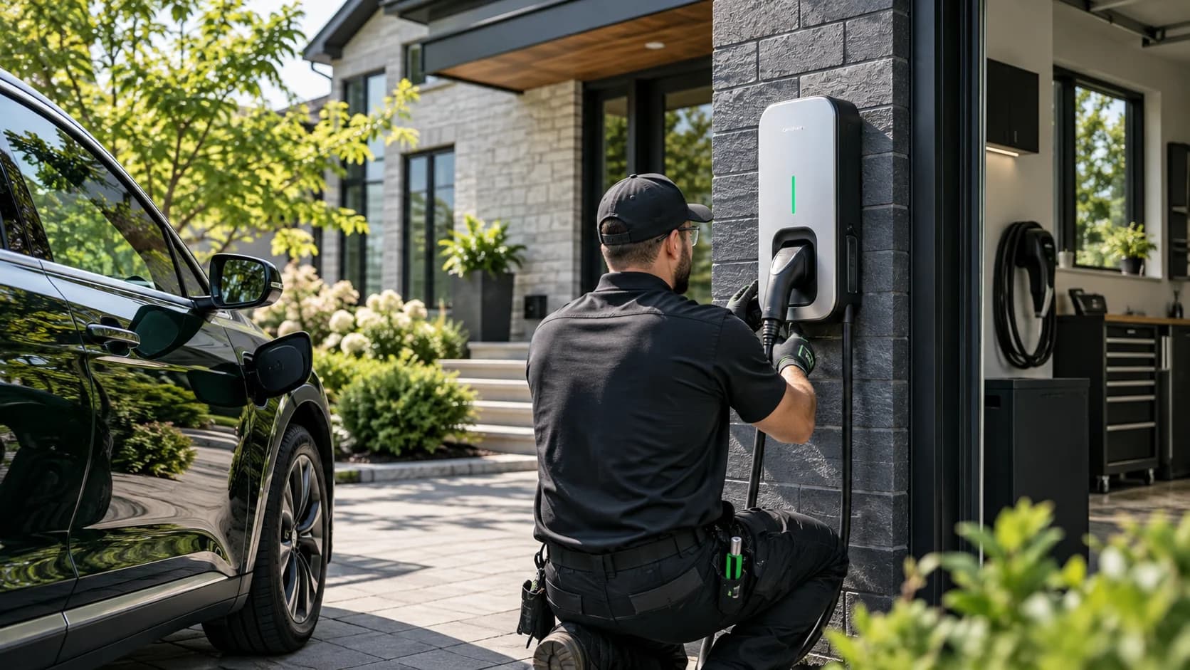 Véhicule électrique et borne de recharge dans une entrée résidentielle.