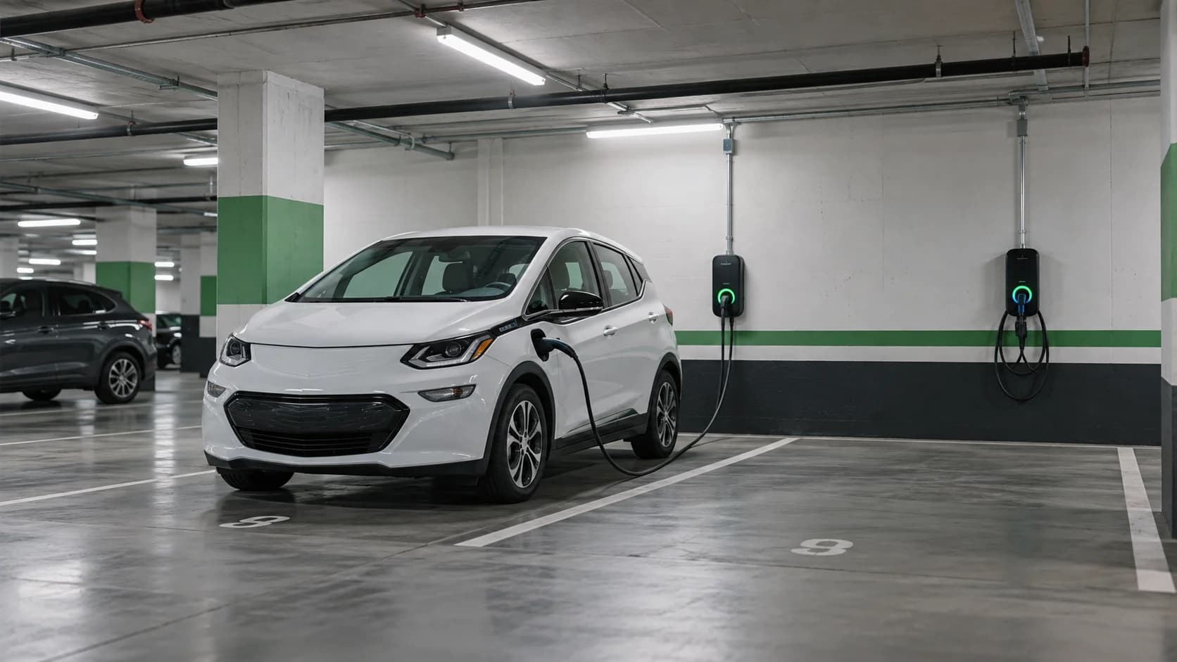 Bornes de recharge et véhicule électrique dans un stationnement intérieur de copropriété.