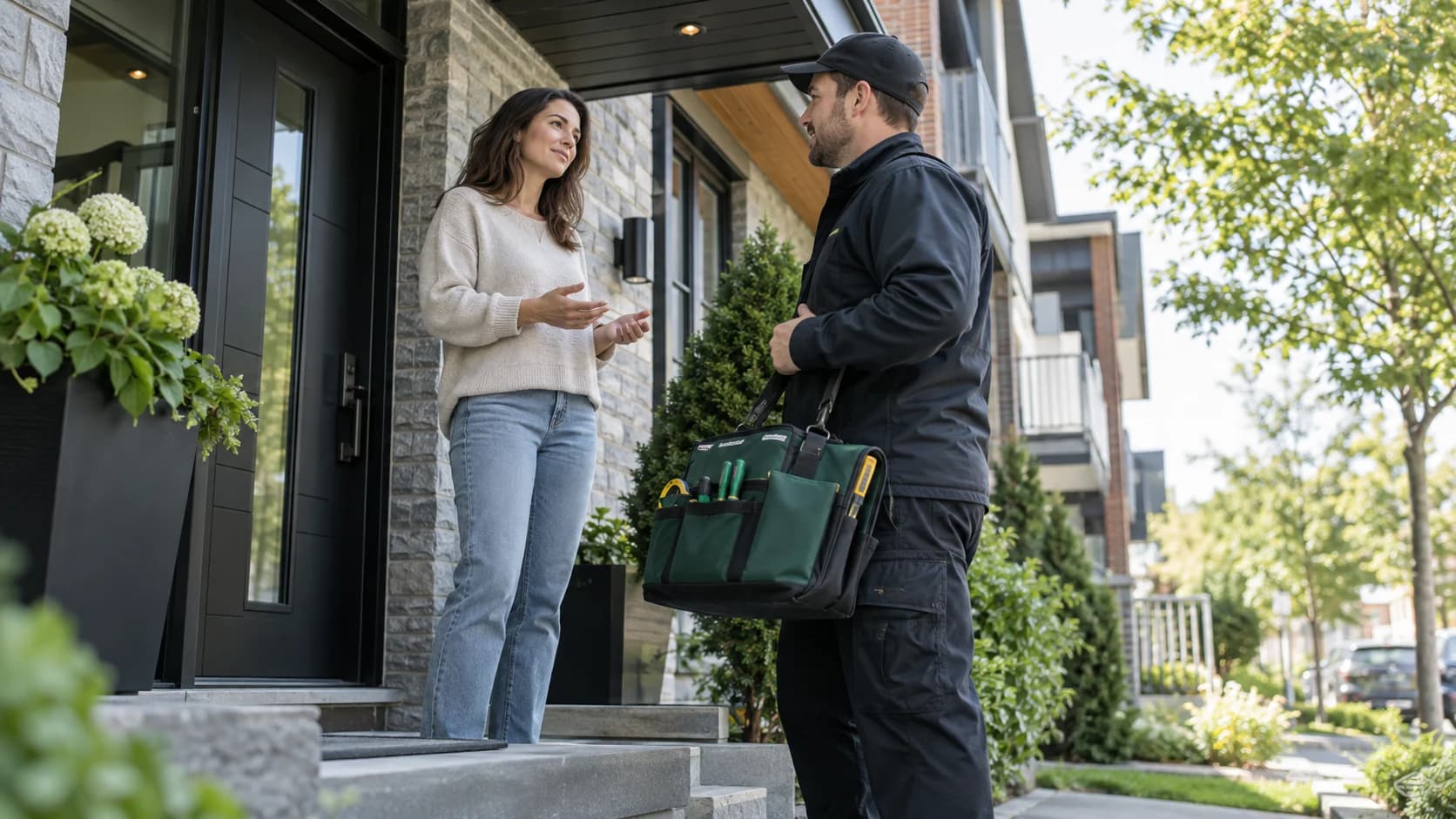 Électricien et propriétaire discutant sur le perron d’une maison.