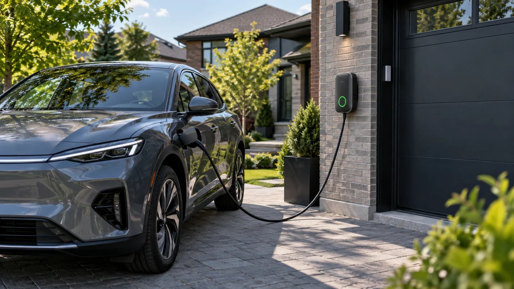 Véhicule électrique et borne de recharge dans une entrée résidentielle.
