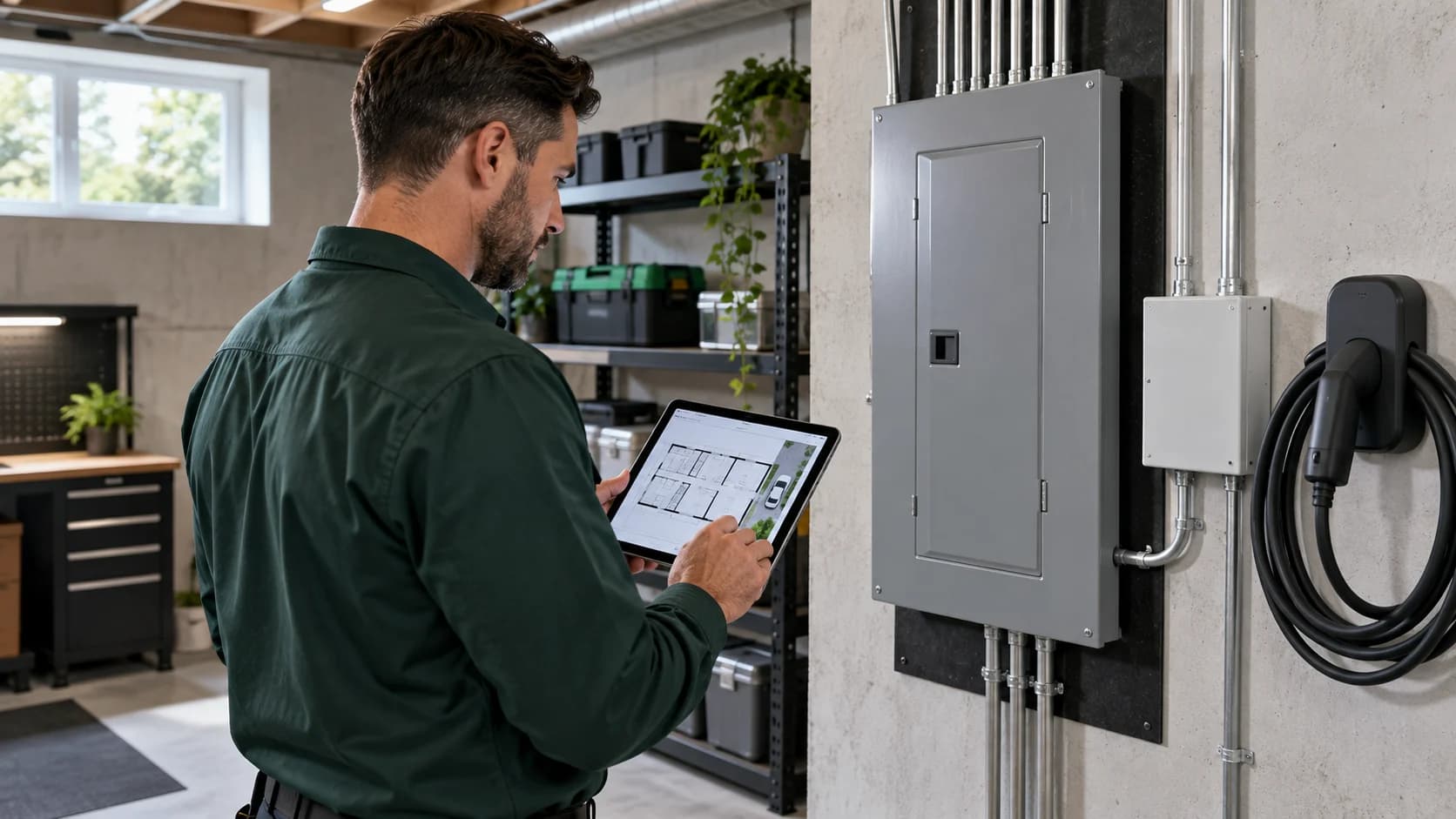 Électricien consultant une tablette près d’un panneau électrique fermé.