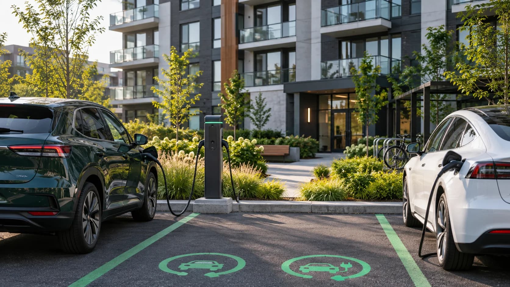 Véhicules et borne de recharge devant un immeuble résidentiel.