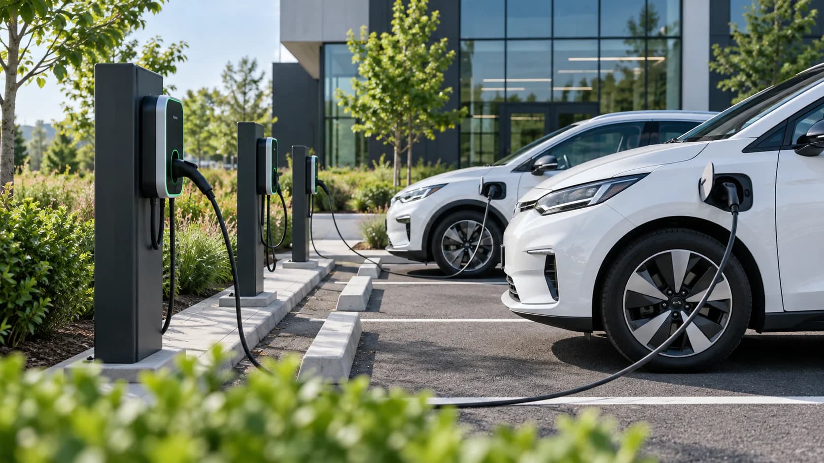 Bornes de recharge dans le stationnement d’une entreprise.