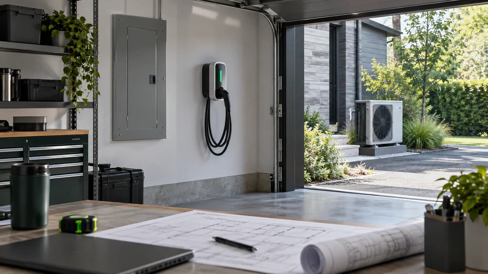 Garage résidentiel avec panneau électrique fermé, borne de recharge et plans.