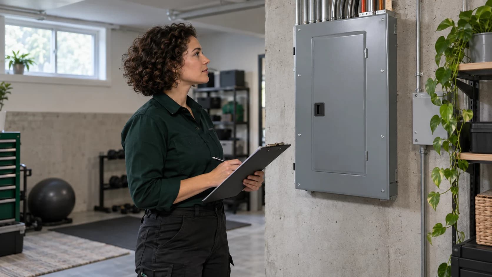 Électricienne consultant un document près d’un panneau électrique fermé.