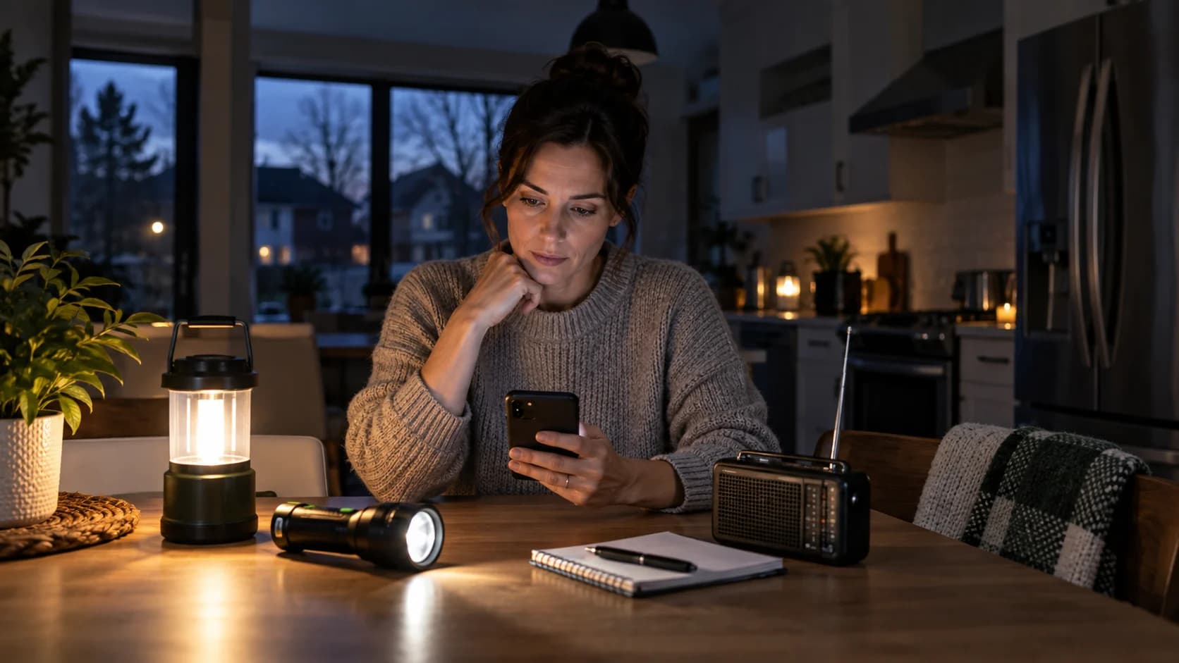 Personne consultant son téléphone près d’une lanterne et d’une radio.