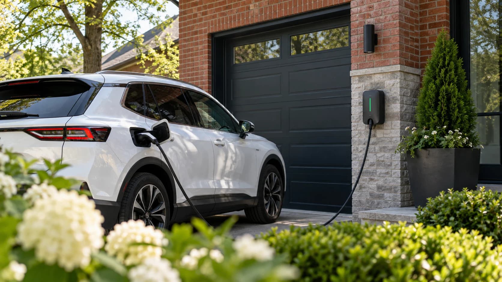 Véhicule électrique et borne de recharge dans une entrée résidentielle.