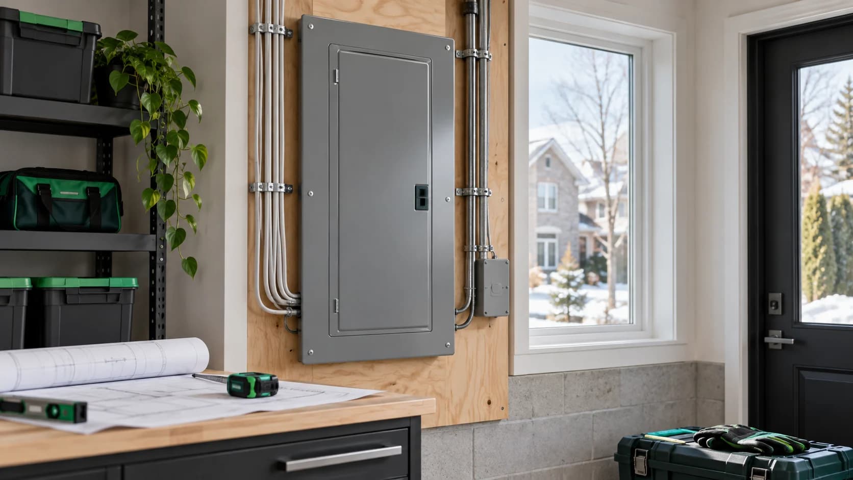 Panneau électrique fermé et plans sur un établi dans une pièce technique.