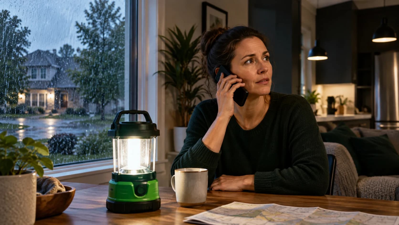 Personne au téléphone à l’intérieur pendant la pluie, près d’une lanterne.
