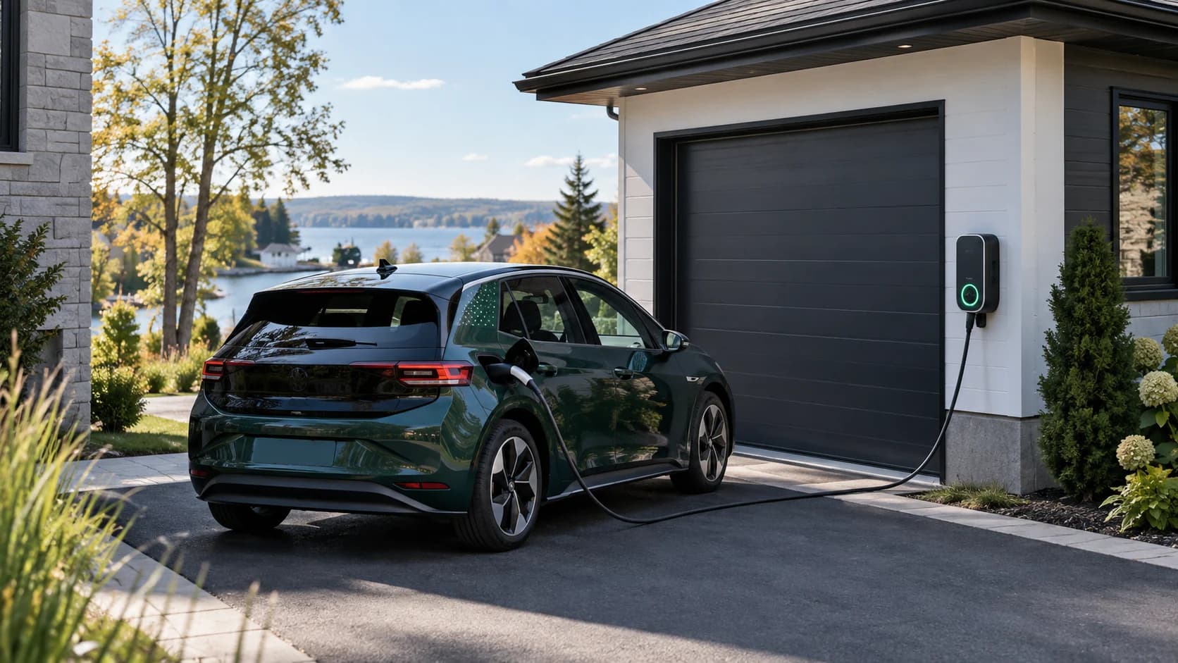 Véhicule électrique et borne de recharge dans une entrée résidentielle.