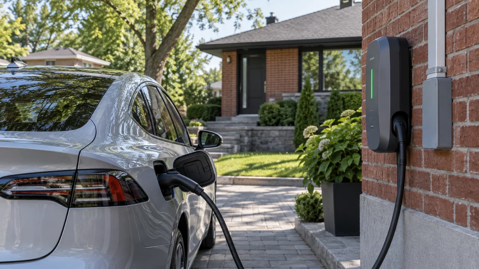 Véhicule électrique et borne de recharge dans une entrée résidentielle.