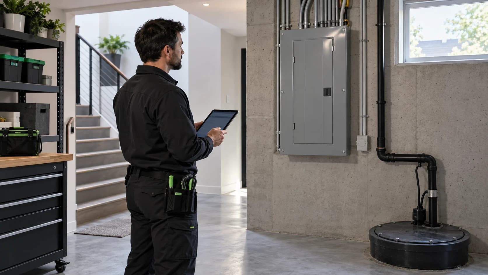 Électricien consultant une tablette dans un sous-sol avec panneau fermé et puisard couvert.