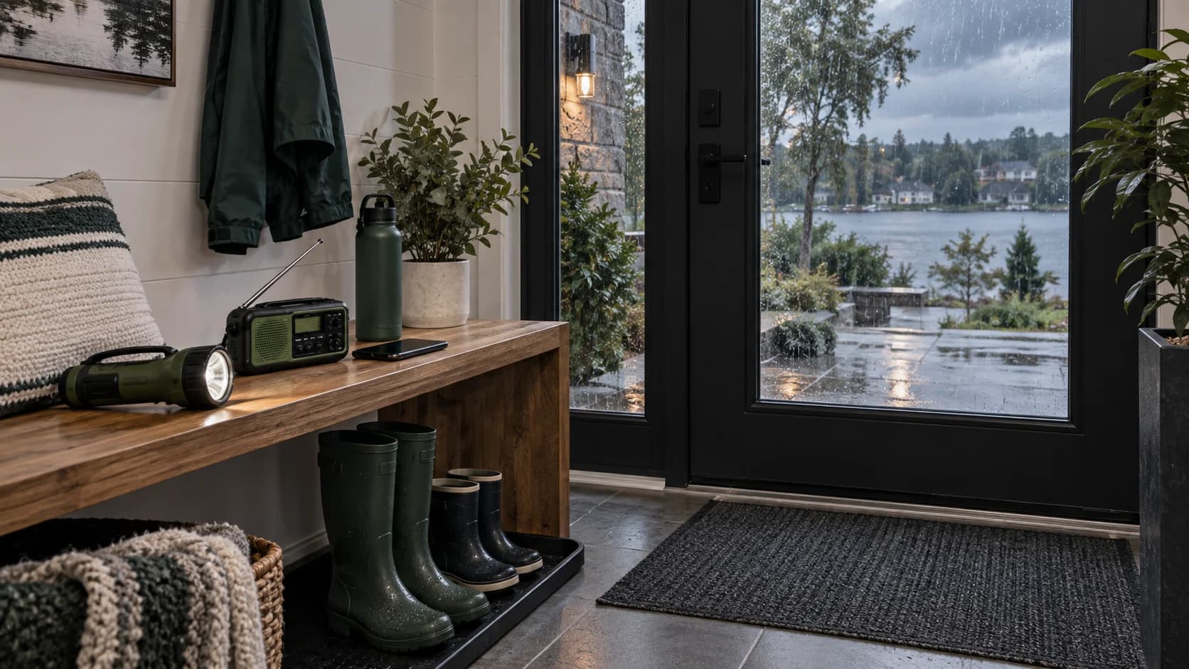 Lampe de poche, radio et téléphone dans une entrée de maison pendant la pluie.