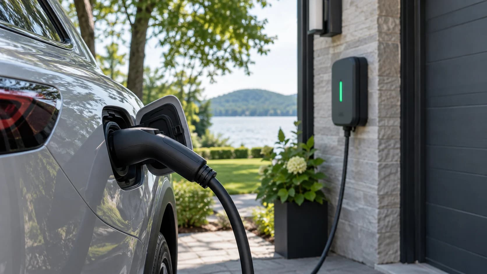 Connecteur branché à une voiture électrique avec borne murale à l’arrière-plan.