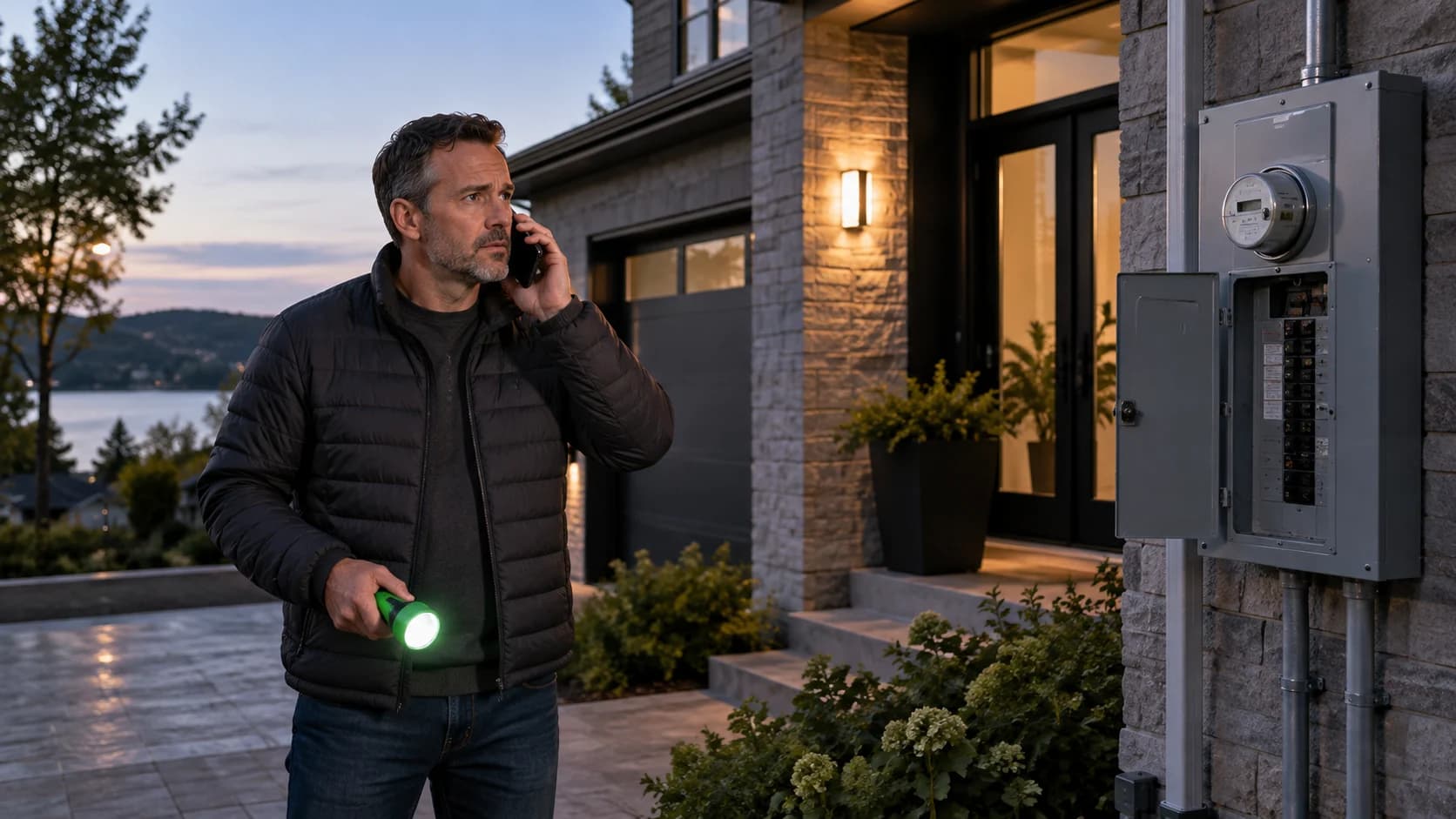 Personne téléphonant à l’extérieur d’une maison au crépuscule.