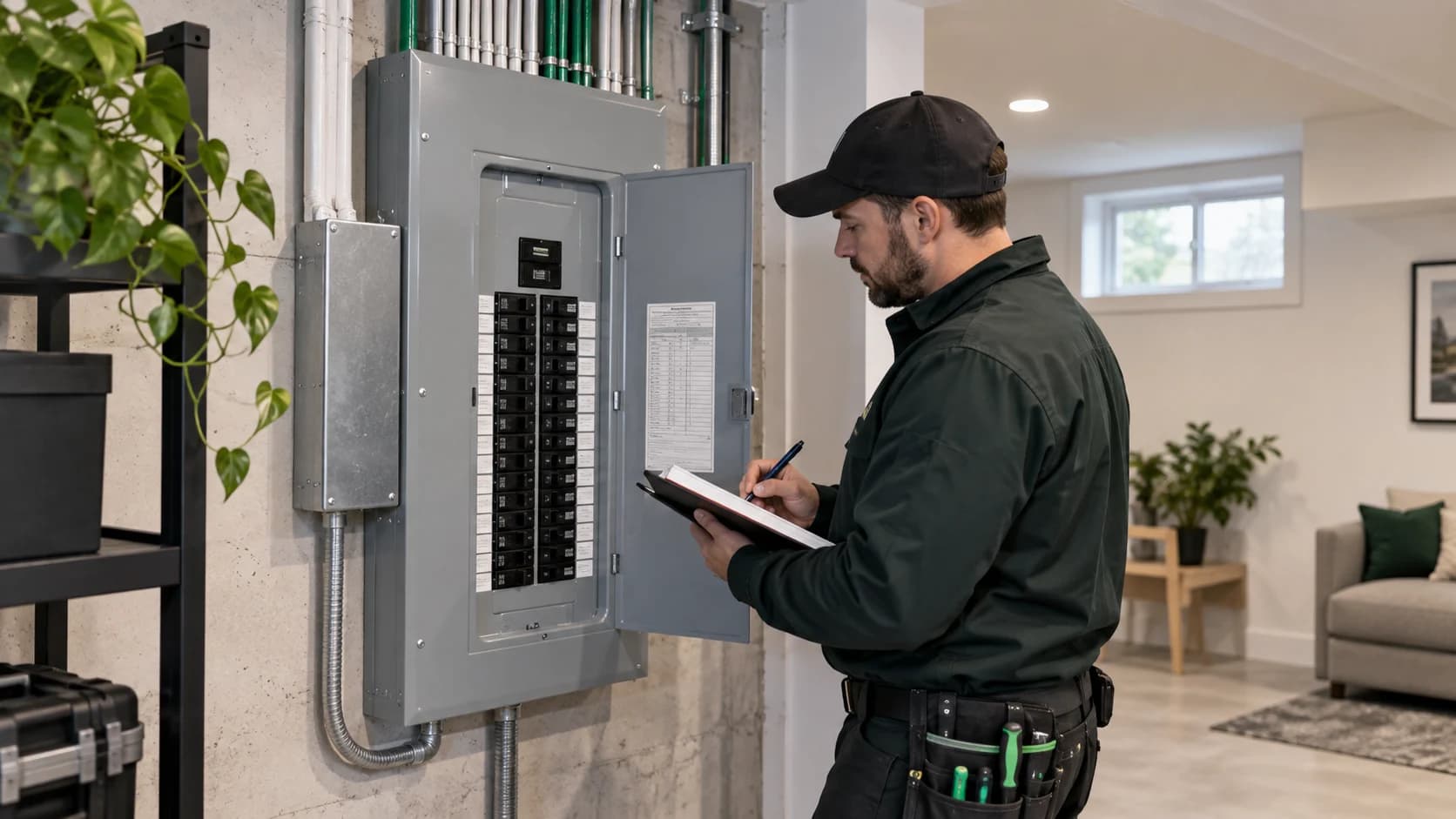 Électricien consultant un carnet près d’un panneau électrique.
