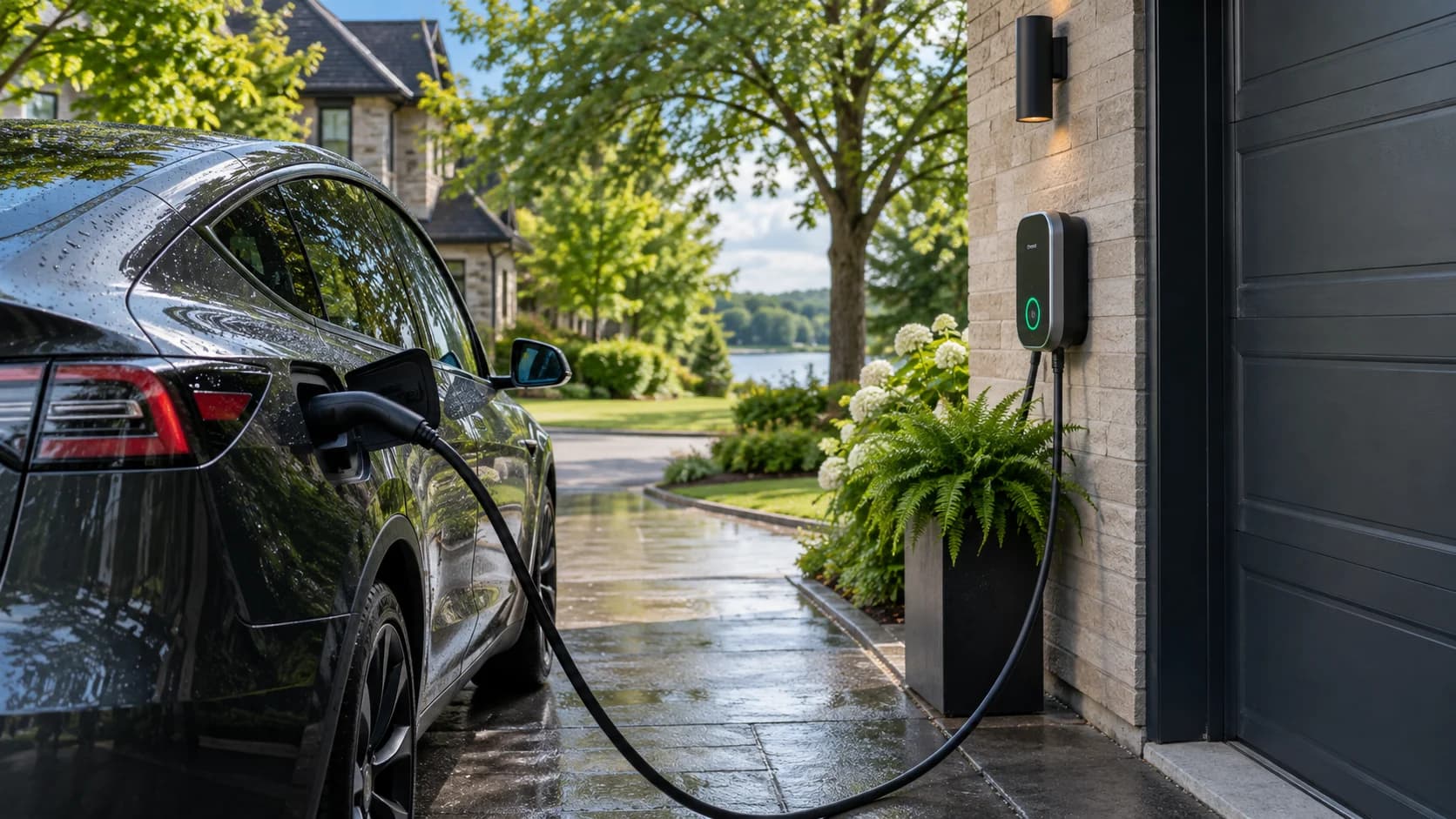 Véhicule électrique et borne de recharge dans une entrée résidentielle.