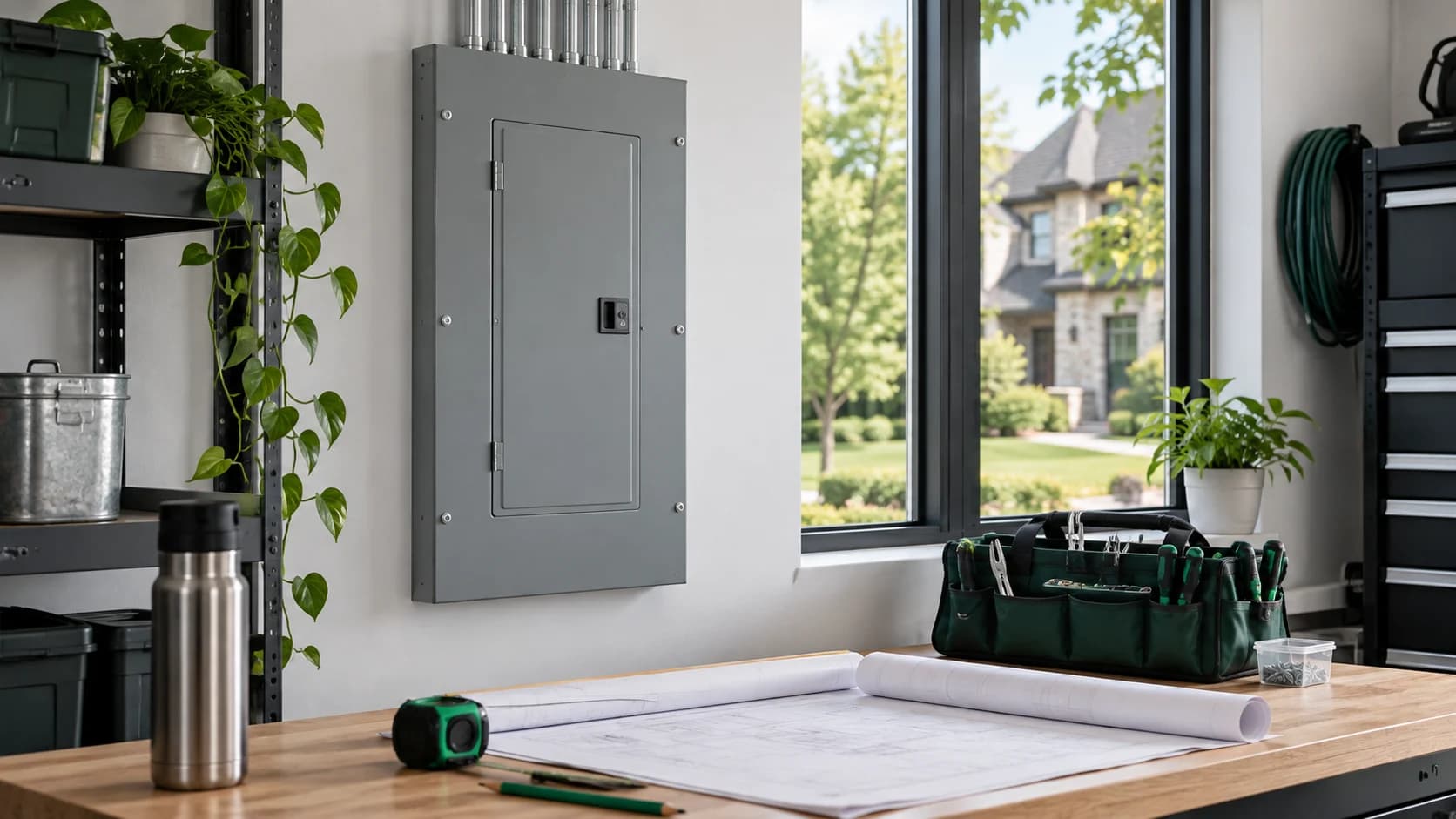 Plans et sac à outils sur un établi devant un panneau électrique fermé.