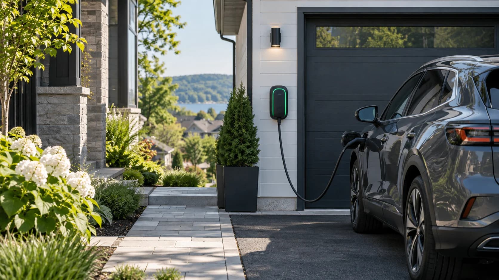 Véhicule électrique et borne de recharge dans une entrée résidentielle.