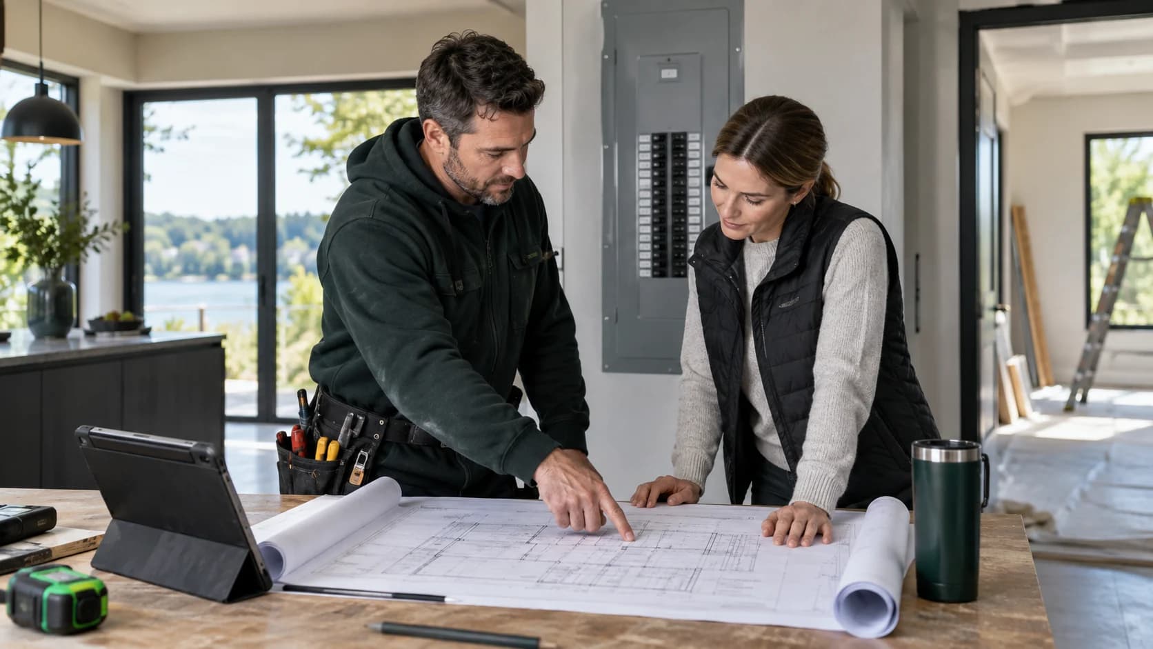 Deux professionnels consultant des plans sur un chantier résidentiel.