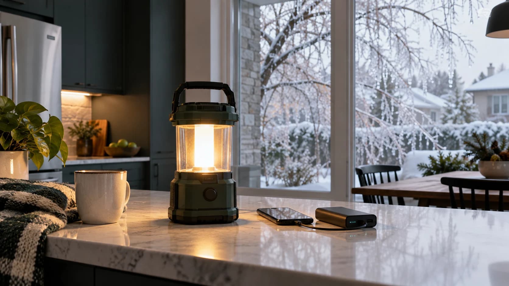 Lanterne, téléphone et batterie sur un îlot de cuisine en hiver.