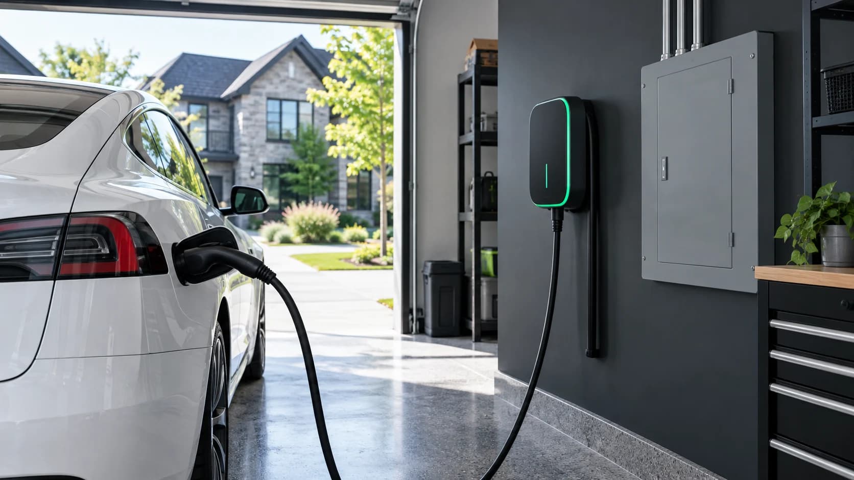 Véhicule électrique et borne de recharge dans une entrée résidentielle.