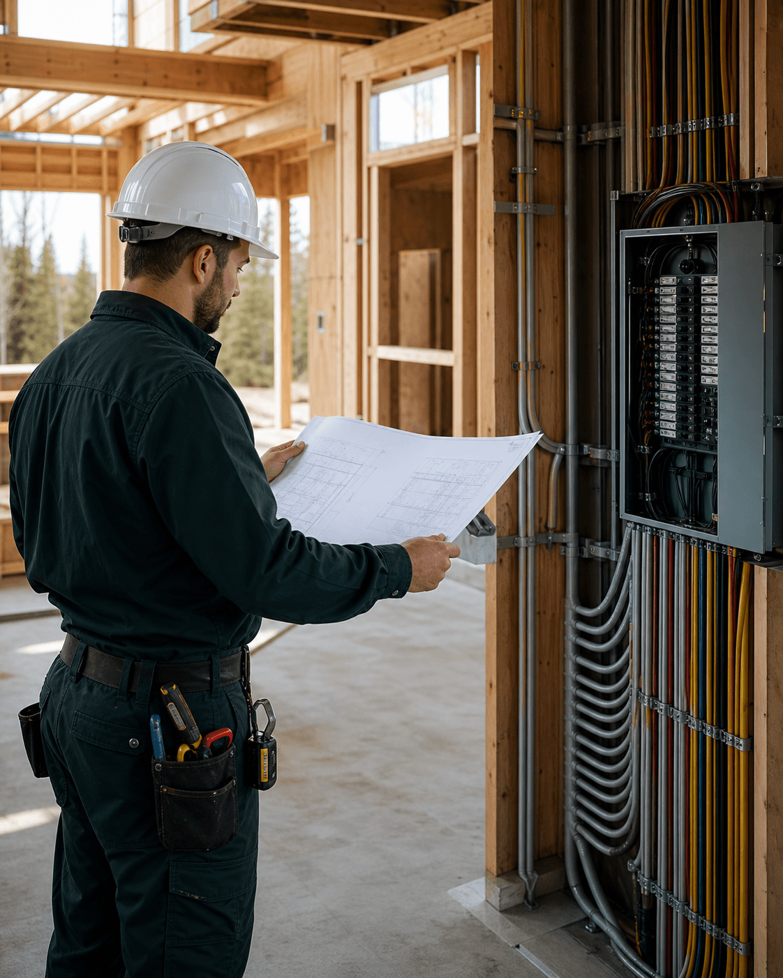 Électricien coordonnant les plans et l’installation électrique d’une construction résidentielle