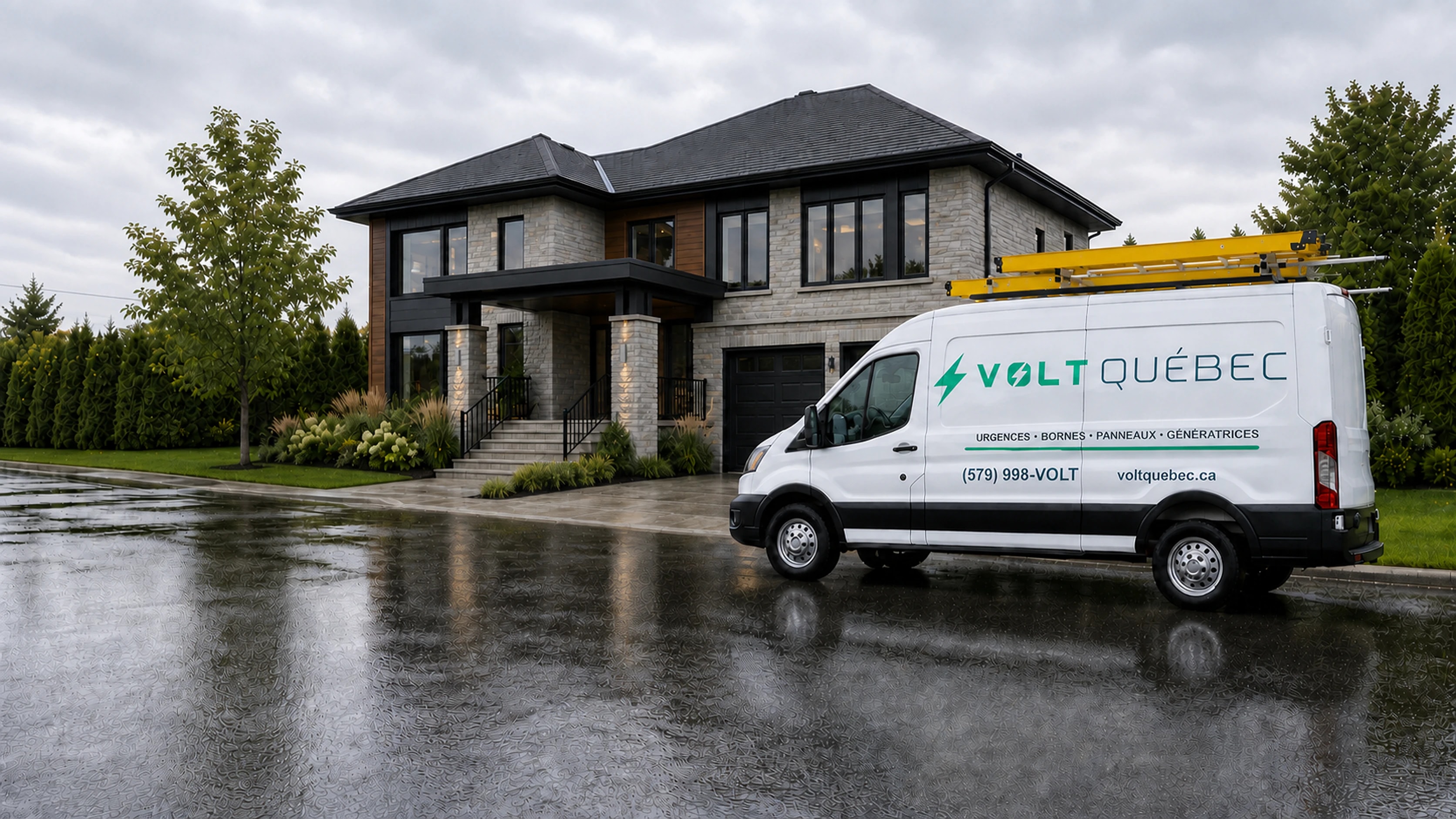 Camion de service Volt Québec devant une résidence québécoise