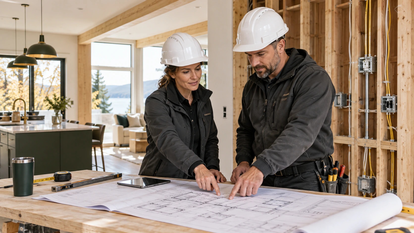 Deux professionnels examinant les plans d’une reconstruction électrique