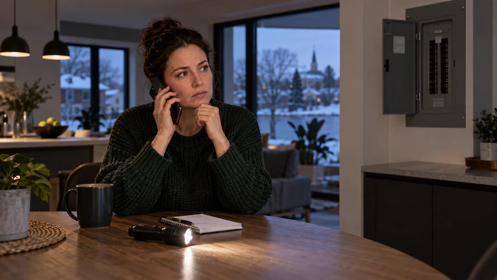 Personne utilisant un téléphone à une table avec lampe de poche et carnet. Personne utilisant un téléphone à une table avec lampe de poche et carnet.