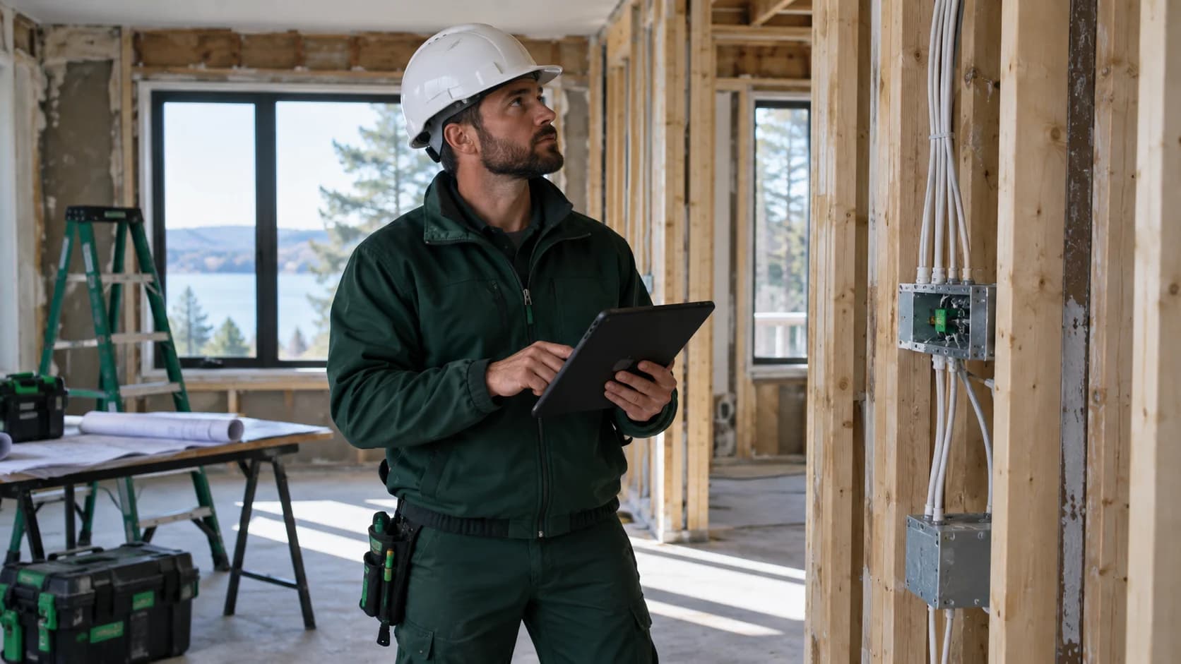 Électricien casqué évaluant une pièce à reconstruire avec ossature apparente. Électricien casqué évaluant une pièce à reconstruire avec ossature apparente.