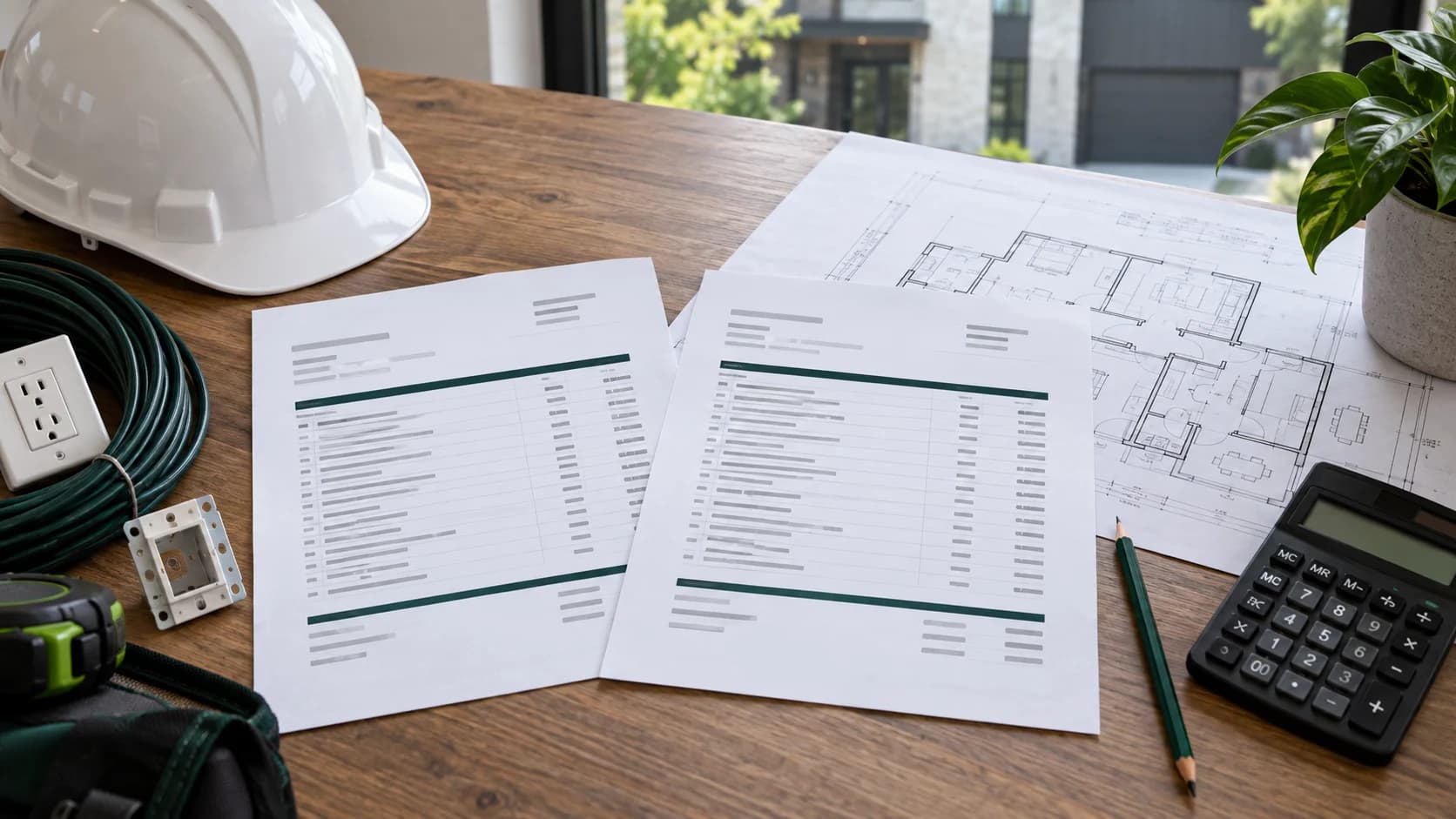 Deux documents de soumission, plans de maison et calculatrice sur une table. Deux documents de soumission, plans de maison et calculatrice sur une table.