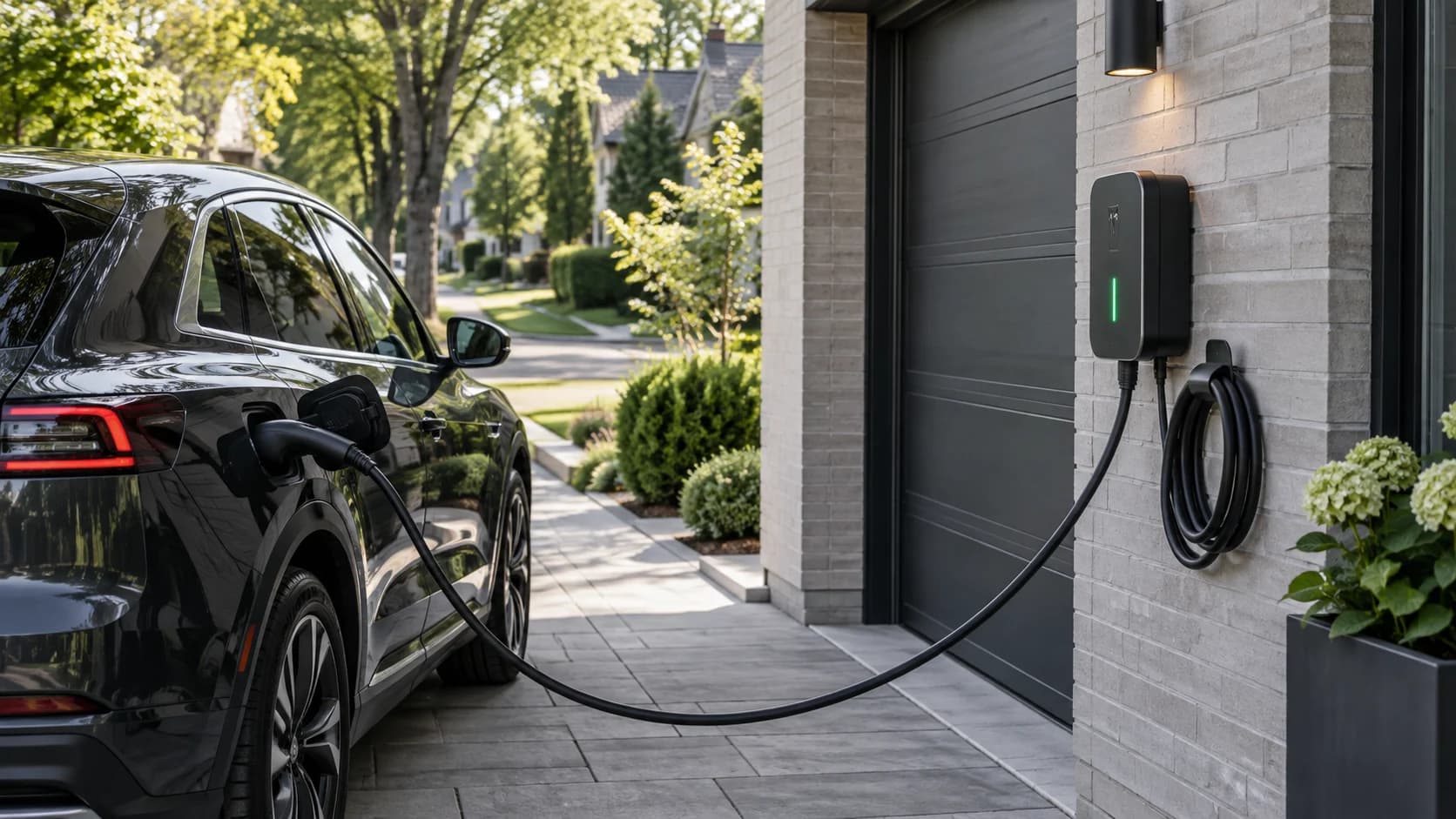 Véhicule électrique et borne de recharge dans une entrée résidentielle. Véhicule électrique et borne de recharge dans une entrée résidentielle.