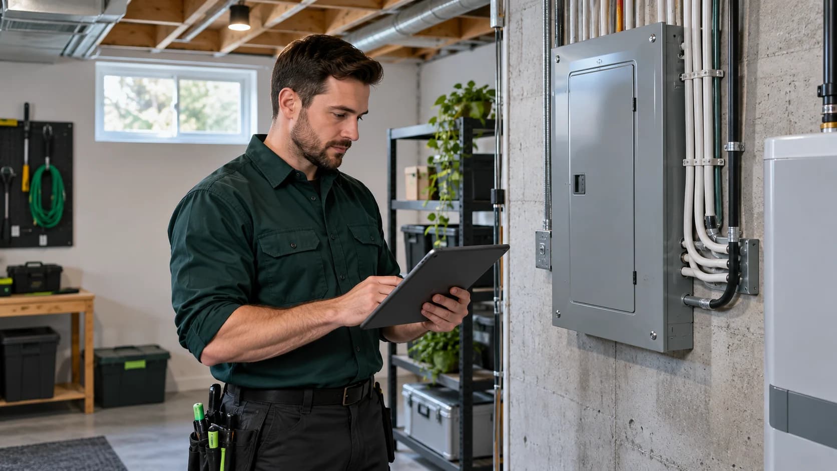 Électricien consultant une tablette près d’un panneau électrique fermé. Électricien consultant une tablette près d’un panneau électrique fermé.