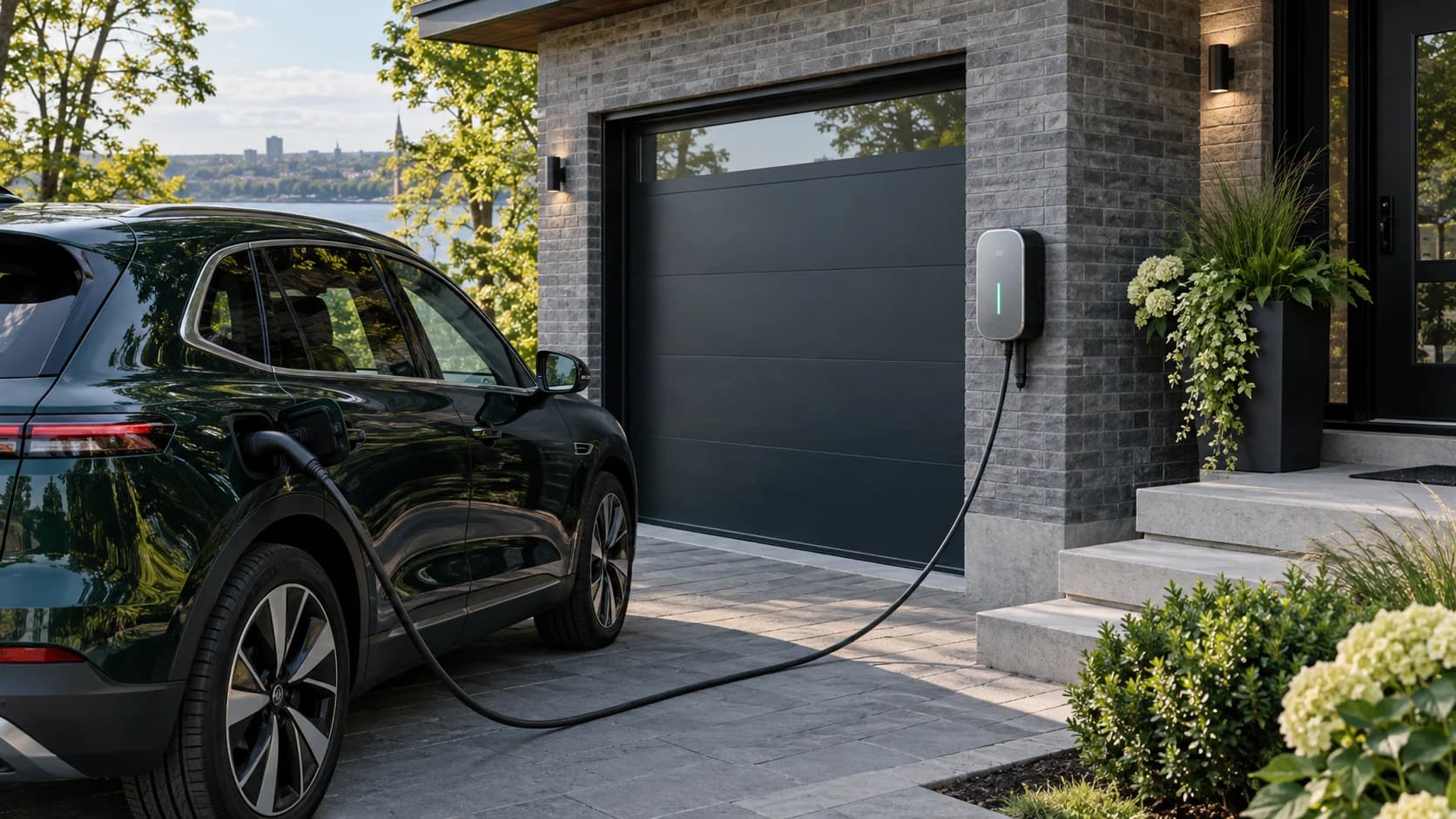 Véhicule électrique relié à une borne murale devant un garage. Véhicule électrique relié à une borne murale devant un garage.