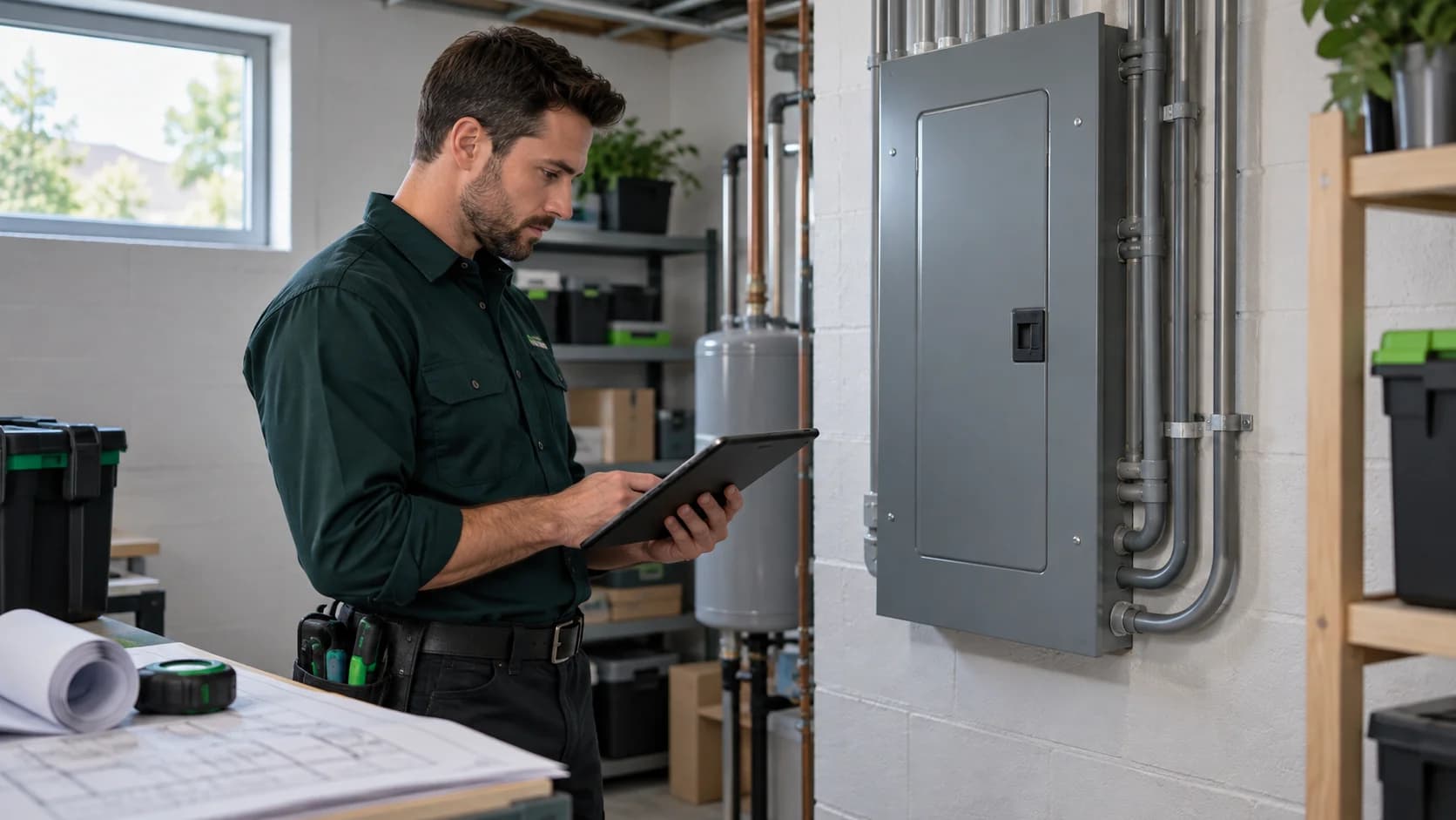Électricien consultant une tablette près d’un panneau électrique fermé. Électricien consultant une tablette près d’un panneau électrique fermé.