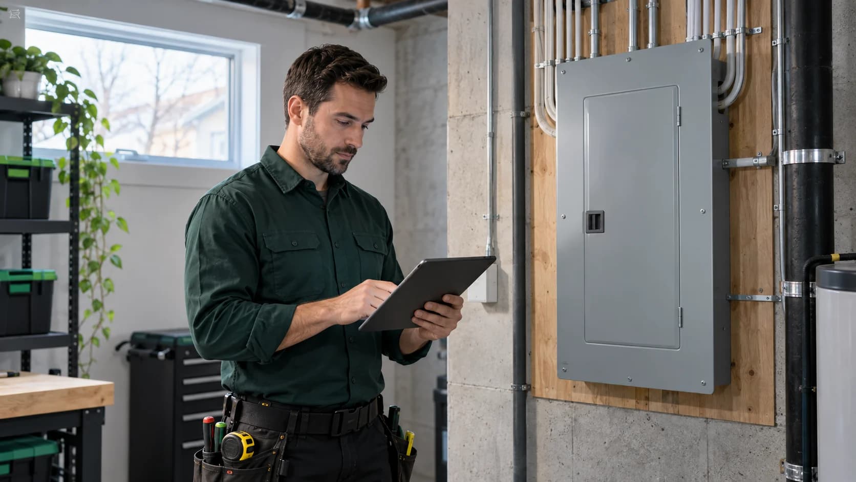 Électricien consultant une tablette près d’un panneau électrique fermé. Électricien consultant une tablette près d’un panneau électrique fermé.